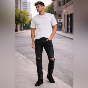 Fashion Nova Men Black Distressed Slim Jeans – Size 30